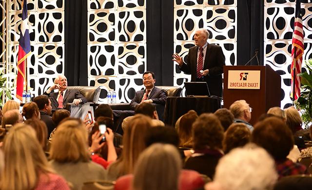 John Baen of the University of North Texas, from left, took part in a keynote panel with NAR Chief Economist Lawrence Yun and Texas A&M Real Estate Center Chief Economist Jim Gaines to open the 2019 Texas REALTORS® Winter Meeting.